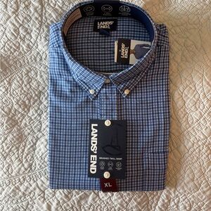 Lands' End Men's Blue Checkered Button Down Shirt